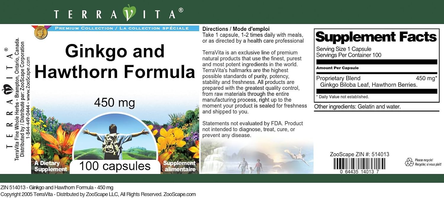 450mg Terravita Ginkgo and Hawthorn Formula Capsules (100 Count, ZIN: 514013)