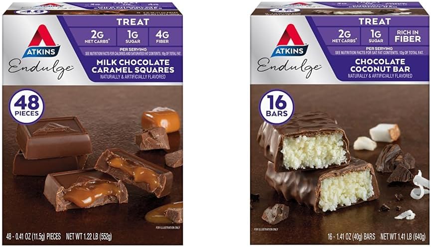 48-Count Atkins Endulge Milk Chocolate Caramel Squares & 16-Count Chocolate Coconut Bars - Low Sugar Dessert Favorites