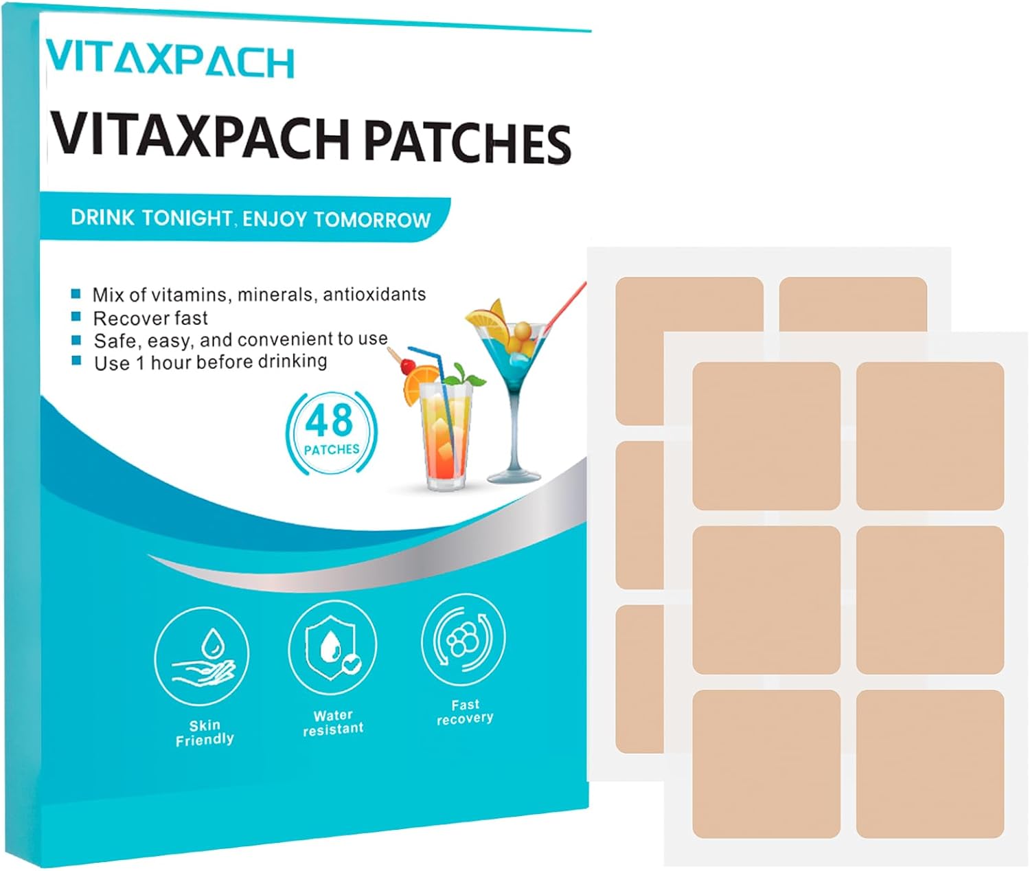 48 Pack of Vitaxpach Recovery Patches with 100% Natural Ingredients for Refreshed & Energized Mornings - Skin-Friendly & Waterproof - Ideal for Pre-Party Use - Enhanced Morning Formula