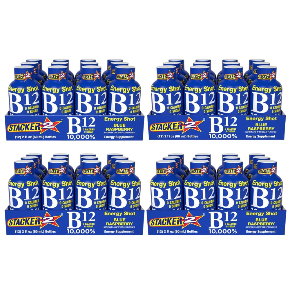 48 Pack Stacker 2 Blue Raspberry B12 Energy Shot - 2oz Shots
