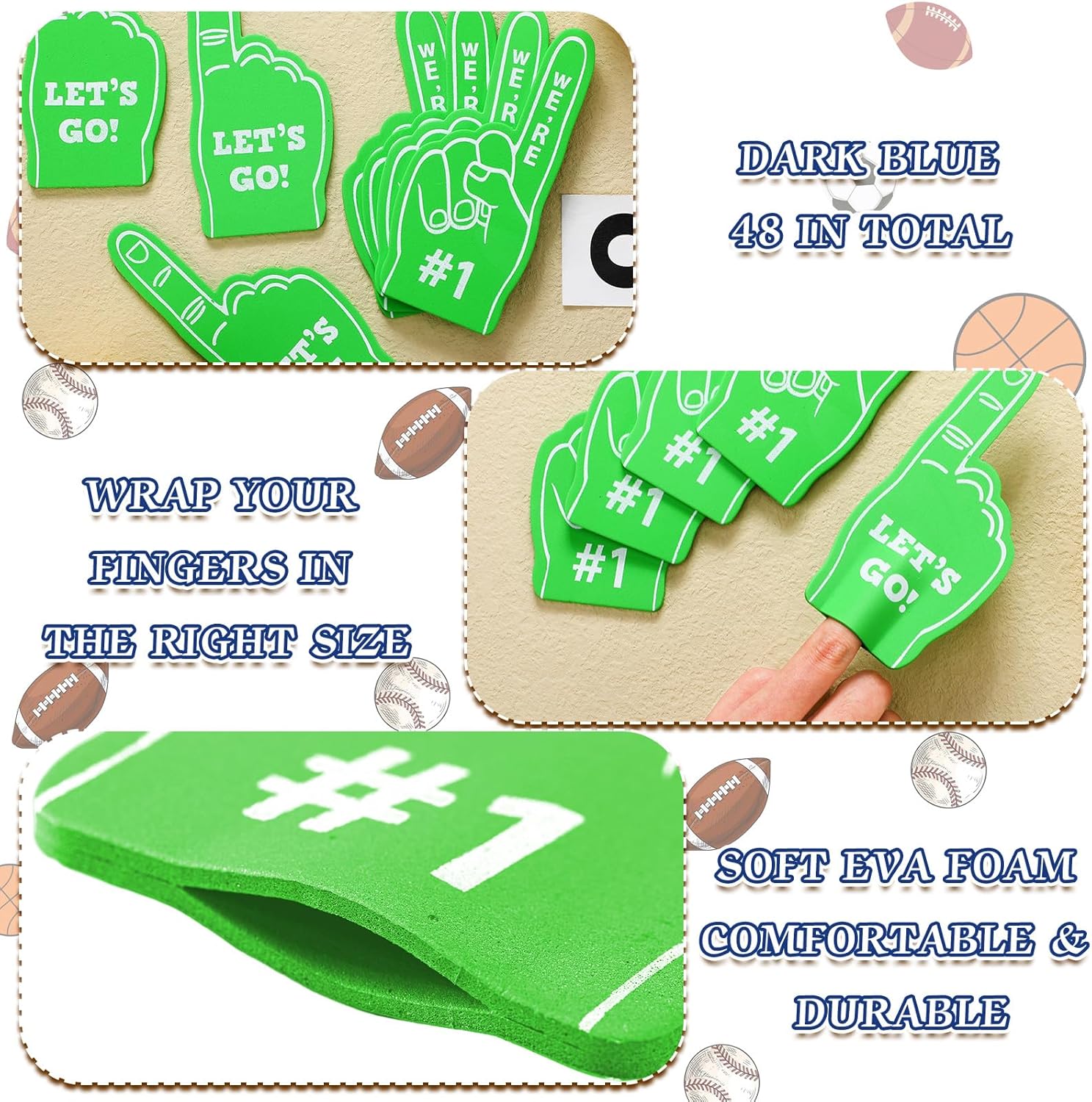 48-Piece Sport Party Favors Fan Foam Finger Set for Basketball Baseball Football Soccer Team Cheerleaders