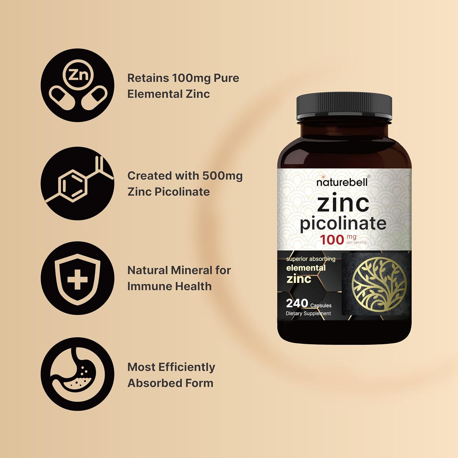 480 Count NatureBell Zinc Picolinate Capsules - Boost Immune System & Enzyme Function - 100mg