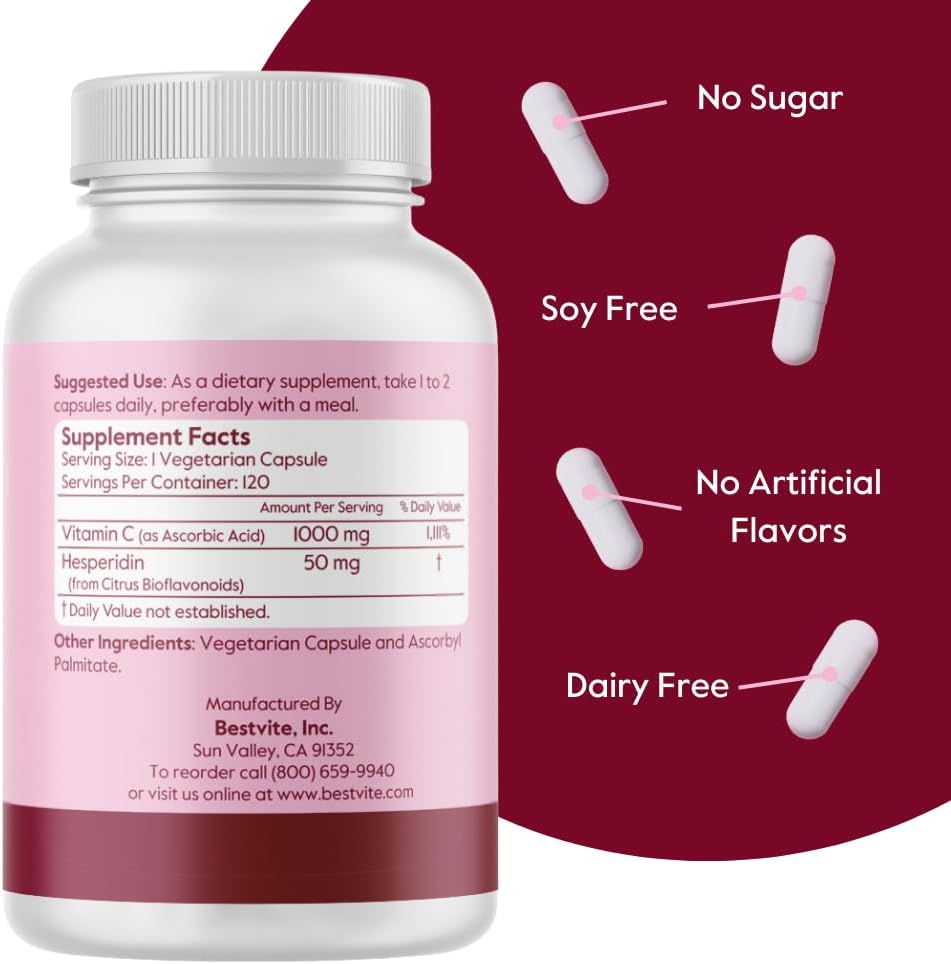 480 Vegetarian Capsules of BESTVITE 1000mg Vitamin C with Citrus Bioflavinoids - Vegan, Non GMO, Gluten Free - No Stearates