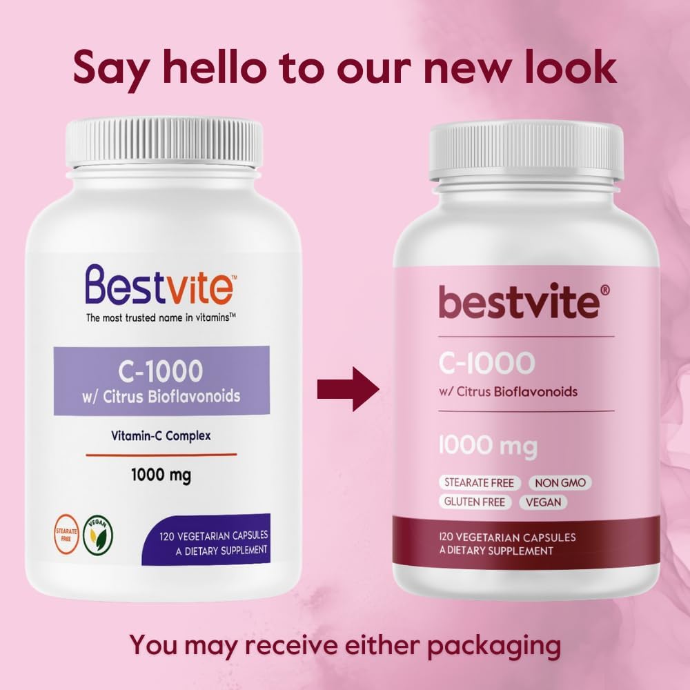 480 Vegetarian Capsules of BESTVITE 1000mg Vitamin C with Citrus Bioflavinoids - Vegan, Non GMO, Gluten Free - No Stearates