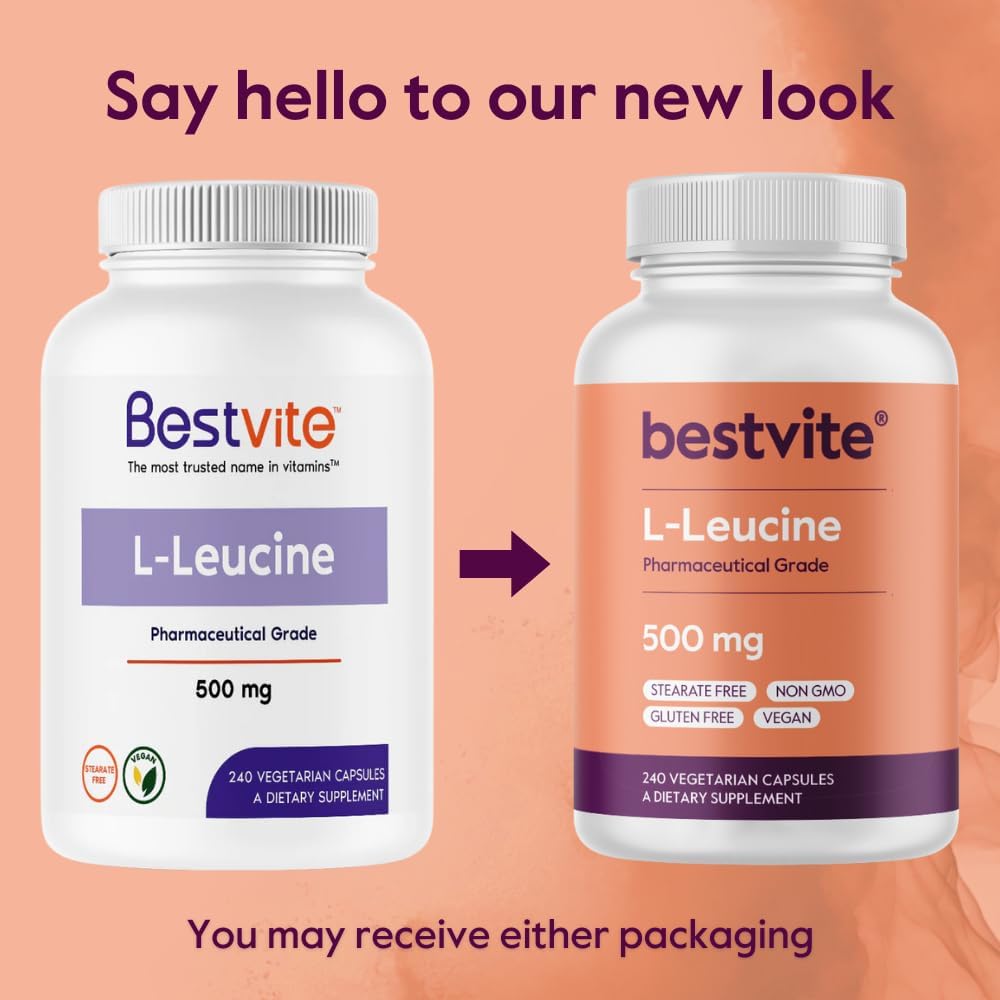 480 Vegetarian Capsules of BESTVITE L-Leucine 500mg - Vegan, Non-GMO, Gluten Free - No Stearates, Fillers, or Flow Agents