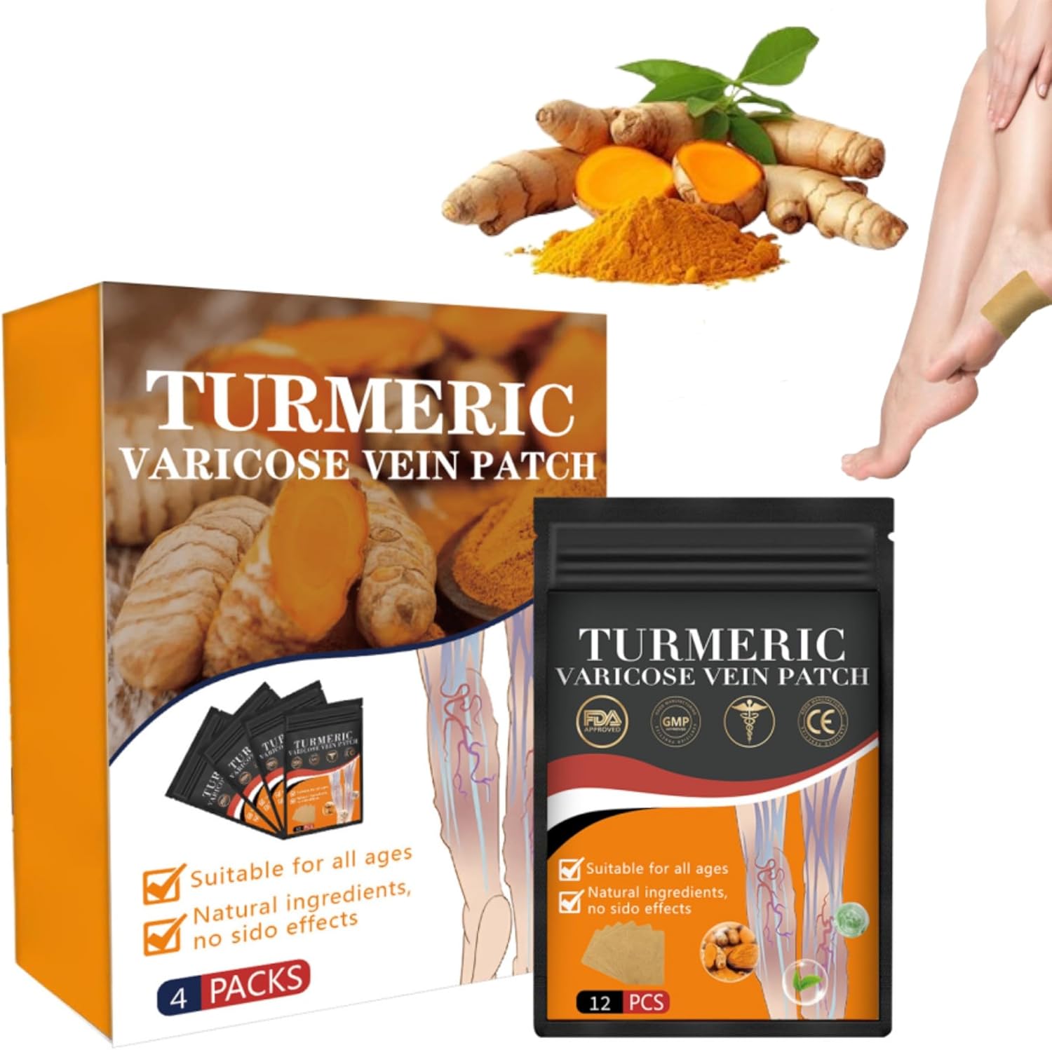 48PCS Turmeric Varicose Vein Patch - Natural Relief for Varicose Veins and Spider Veins on Legs - 1 Box