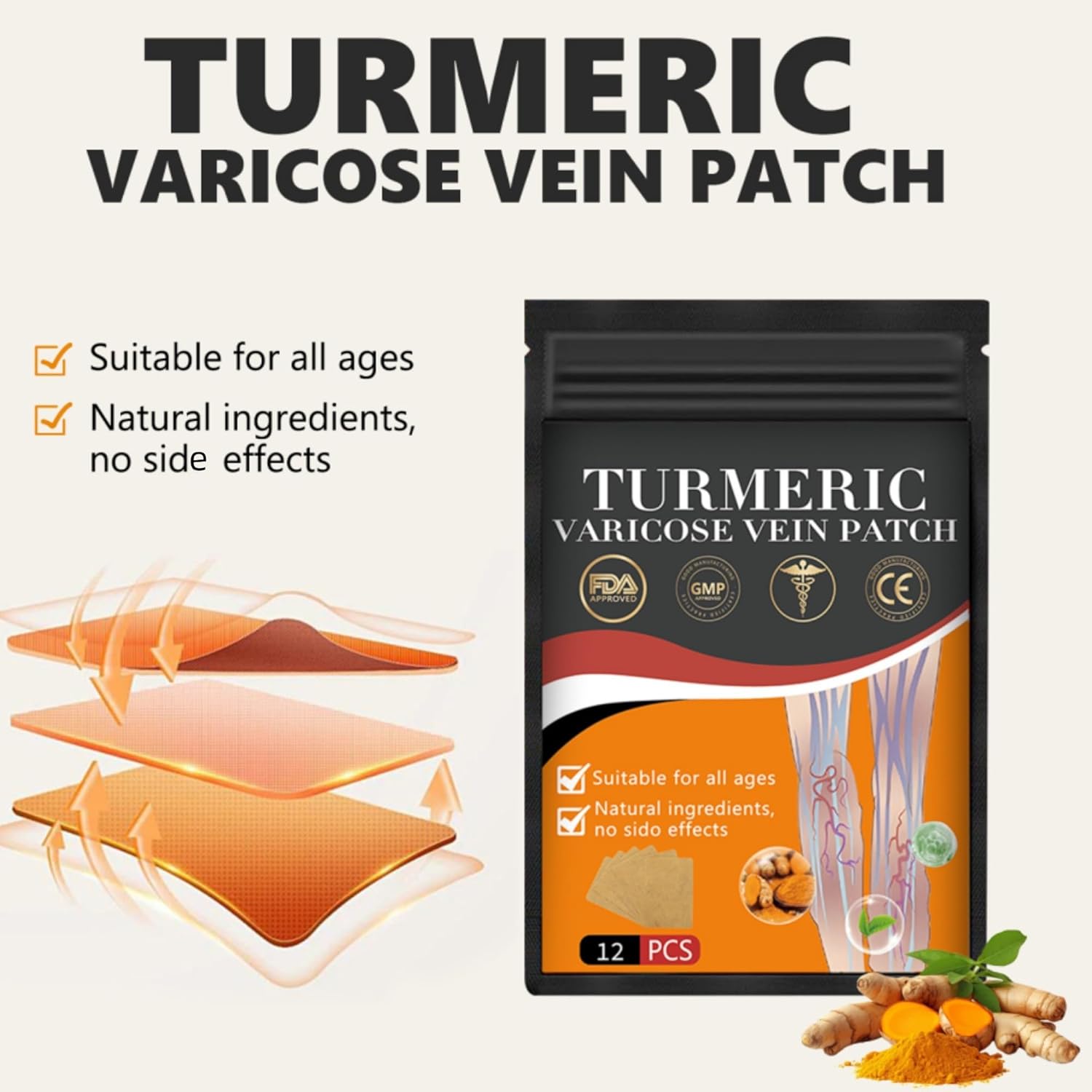 48PCS Turmeric Varicose Vein Patch - Natural Relief for Varicose Veins and Spider Veins on Legs - 1 Box