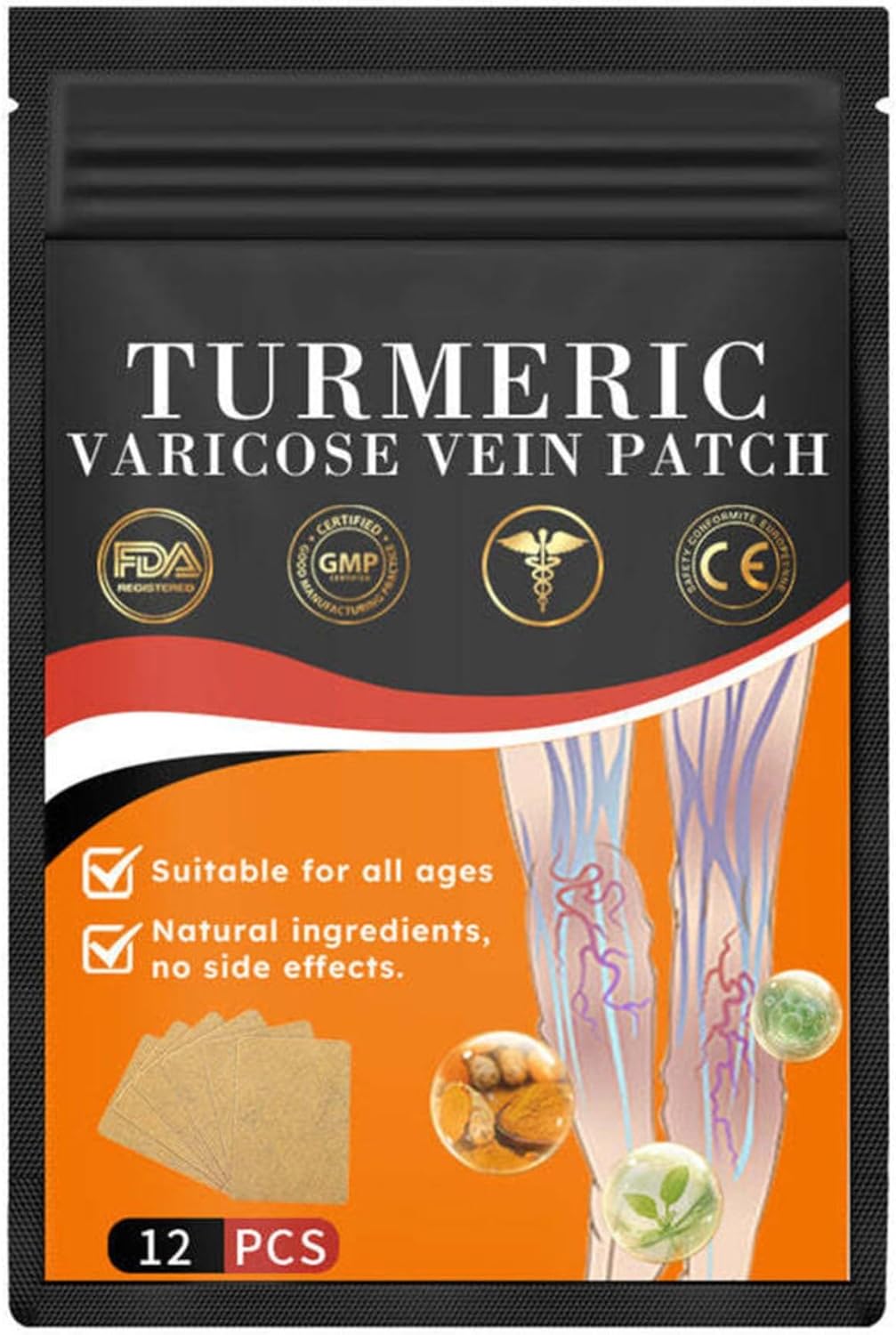 48PCS Turmeric Varicose Vein Patch - Natural Relief for Varicose Veins and Spider Veins on Legs - 1 Box