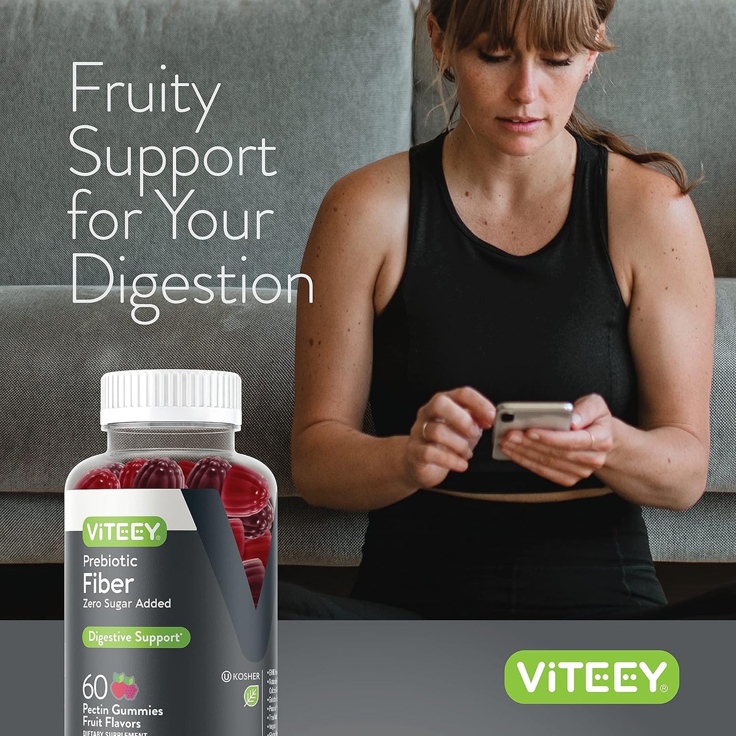 4g Viteey Prebiotic Fiber Gummies for Adults - Vegan, Gelatin Free - Chewable Fruit Flavored Gummy - Support Digestive Health & Natural Weight Loss - Sugar Free Fiber Supplement