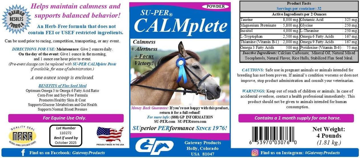 4lb (2 Pack) SU-PER CALMplete Horse Supplement with Thiamine, Tryptophan & Magnesium for Calmness & Balanced Behavior