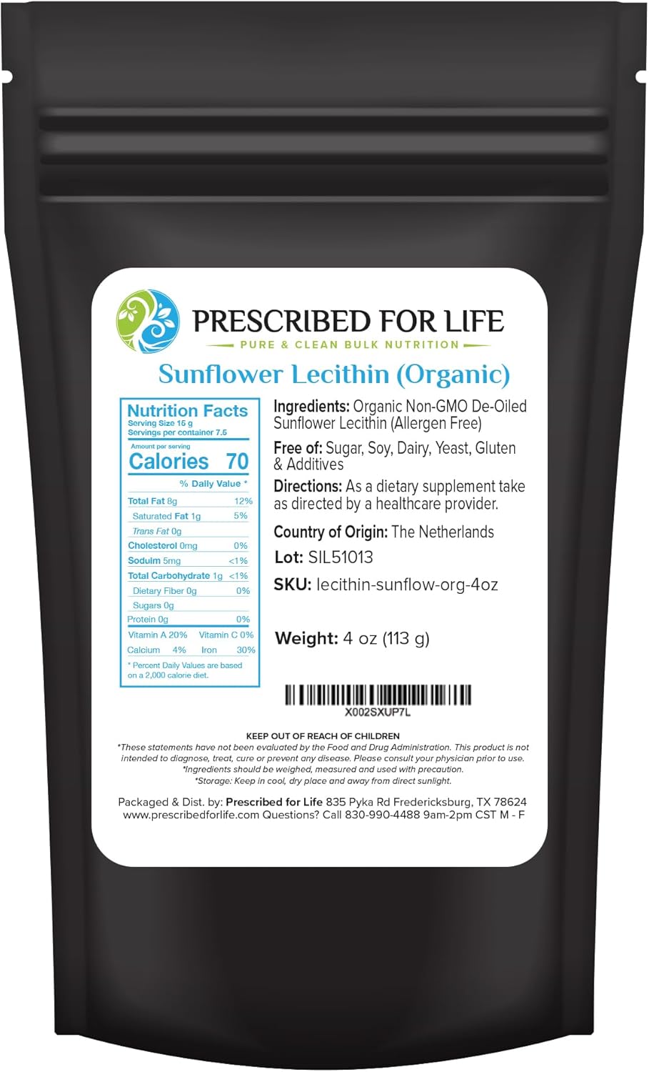 4oz Organic Sunflower Lecithin Powder - Gluten Free, Non GMO, Soy Free - Vegan Supplement Rich in Choline & Essential Fatty Acids - Kosher