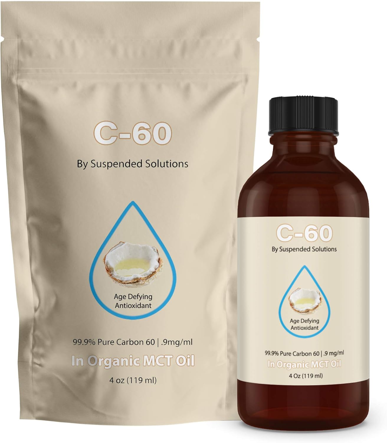 4oz Suspended Solutions C60 MCT Oil - 99.9% Pure Carbon 60 in Organic Extra Virgin Oil - 108mg Active C60 - Solvent-Free & Glass Bottle