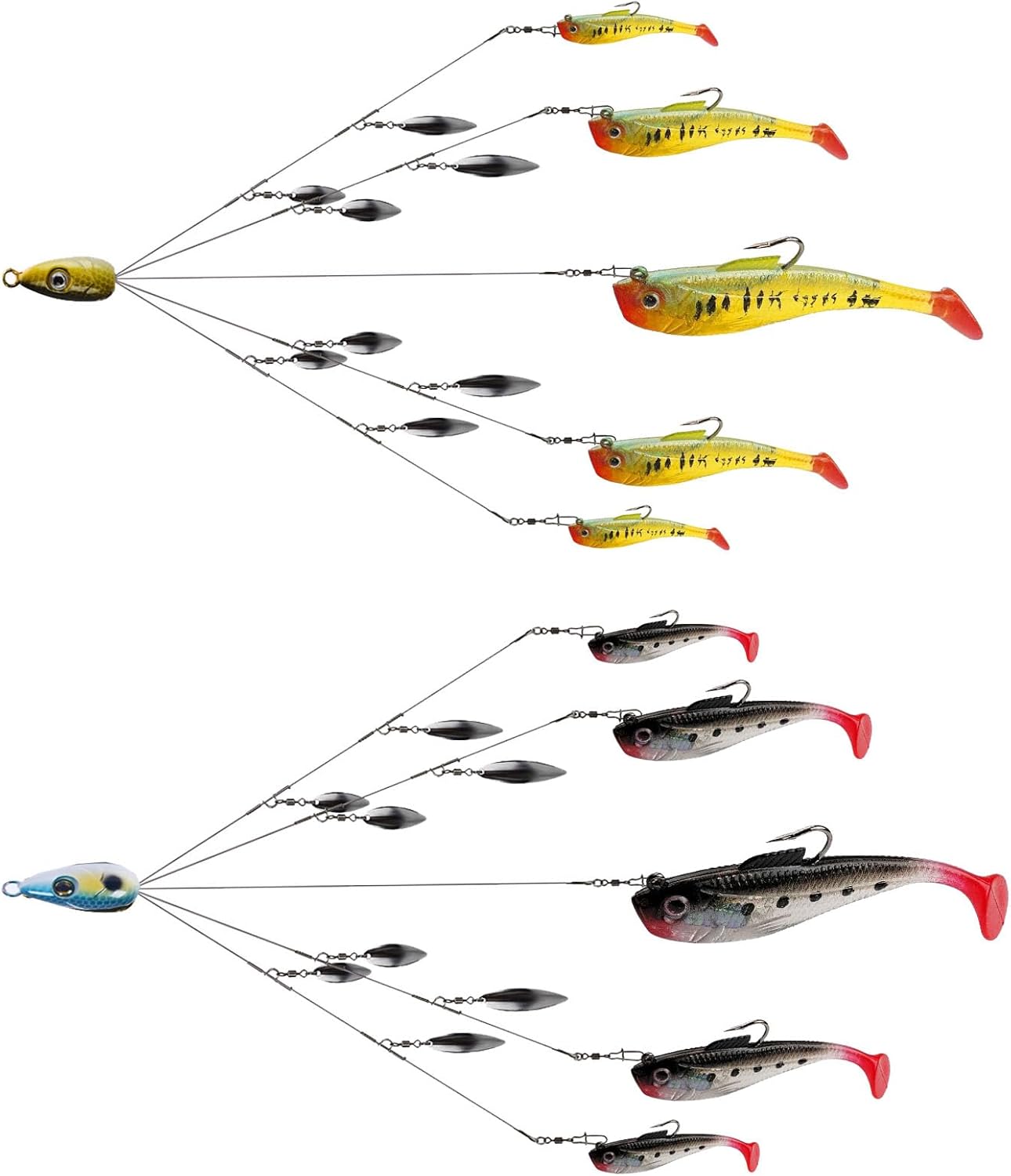 5-Arm Alabama Umbrella Rig Bass Fishing Kit with Pre-Rigged Swimbaits and Willow Blade - Boat Trolling Lure Bait Rig
