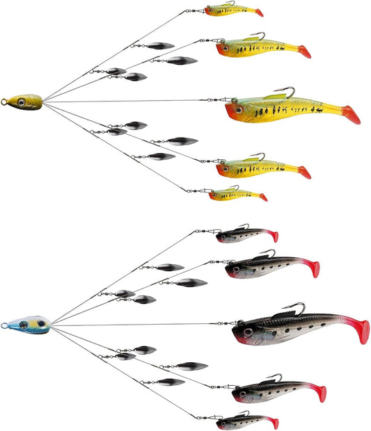 5-Arm Alabama Umbrella Rig Bass Fishing Kit with Pre-Rigged Swimbaits and Willow Blade - Boat Trolling Lure Bait Rig