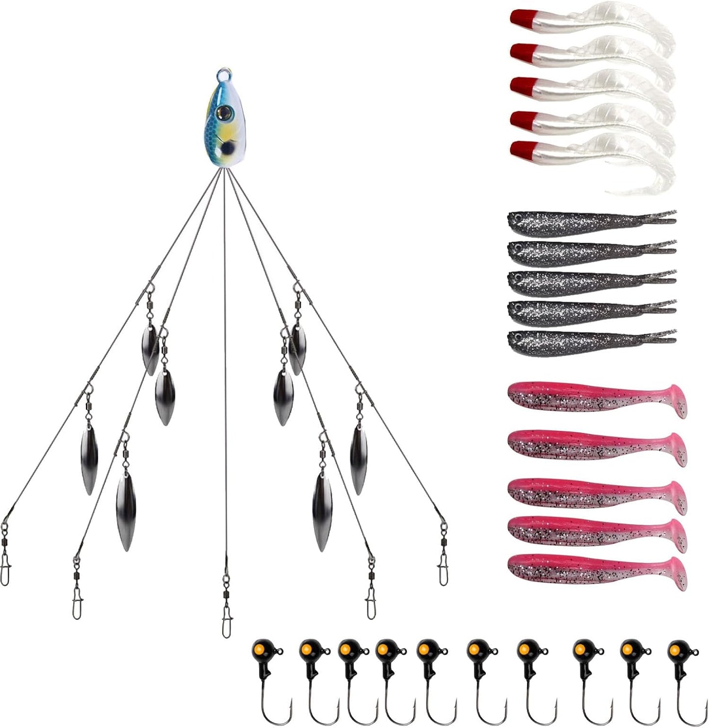5-Arm Alabama Umbrella Rig Bass Fishing Kit with Pre-Rigged Swimbaits - Willow Blade Multi-Lure Rig for Boat Trolling and Bait Fishing