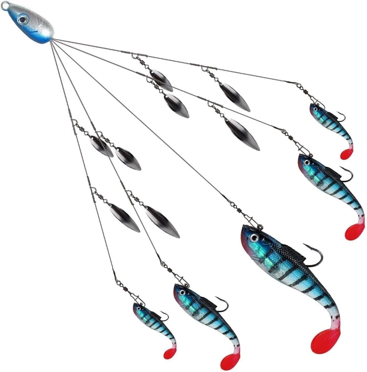 5-Arm Alabama Umbrella Rig Bass Fishing Kit with Pre-Rigged Swimbaits - Willow Blade Multi-Lure Rig for Boat Trolling