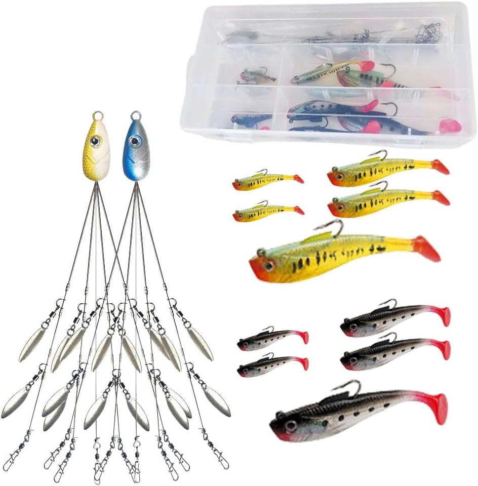 5-Arm Alabama Umbrella Rig Bass Fishing Kit with Pre-Rigged Swimbaits and Willow Blade - Boat Trolling Lure Bait Rig