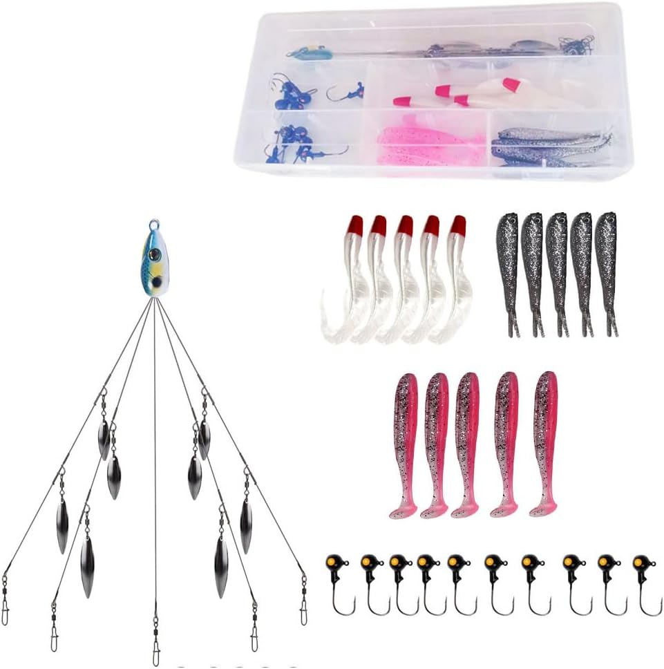 5-Arm Alabama Umbrella Rig Bass Fishing Kit with Pre-Rigged Swimbaits - Willow Blade Multi-Lure Rig for Boat Trolling and Bait Fishing