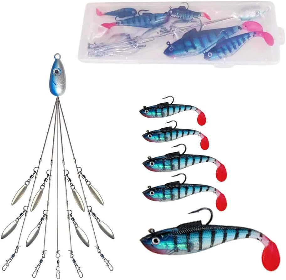 5-Arm Alabama Umbrella Rig Bass Fishing Kit with Pre-Rigged Swimbaits - Willow Blade Multi-Lure Rig for Boat Trolling