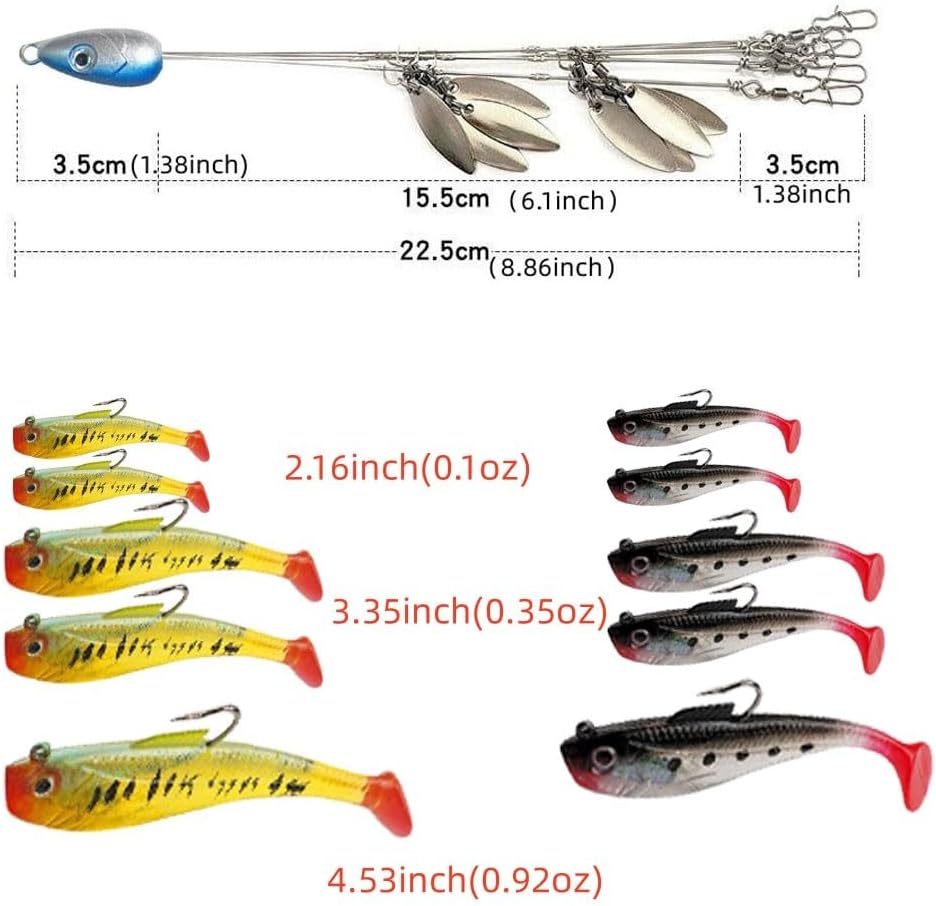 5-Arm Alabama Umbrella Rig Bass Fishing Kit with Pre-Rigged Swimbaits and Willow Blade - Boat Trolling Lure Bait Rig