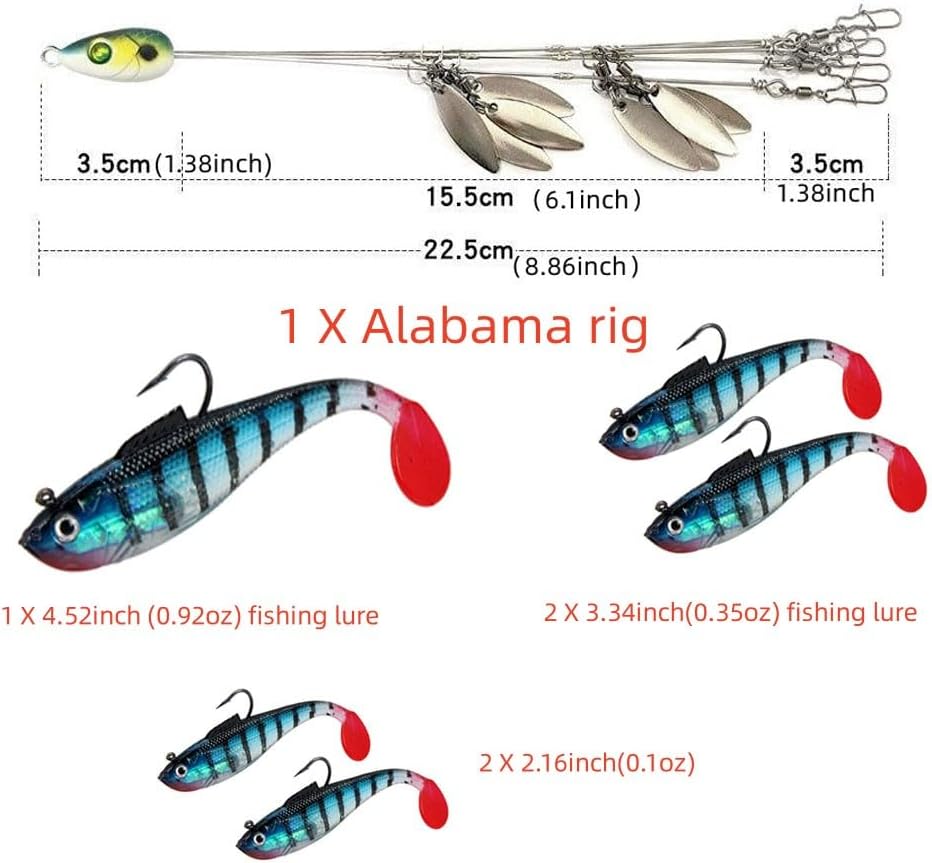 5-Arm Alabama Umbrella Rig Bass Fishing Kit with Pre-Rigged Swimbaits - Willow Blade Multi-Lure Rig for Boat Trolling