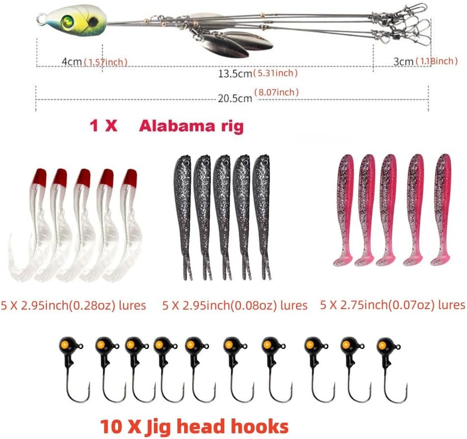 5-Arm Alabama Umbrella Rig Bass Fishing Kit with Pre-Rigged Swimbaits - Willow Blade Multi-Lure Rig for Boat Trolling and Bait Fishing