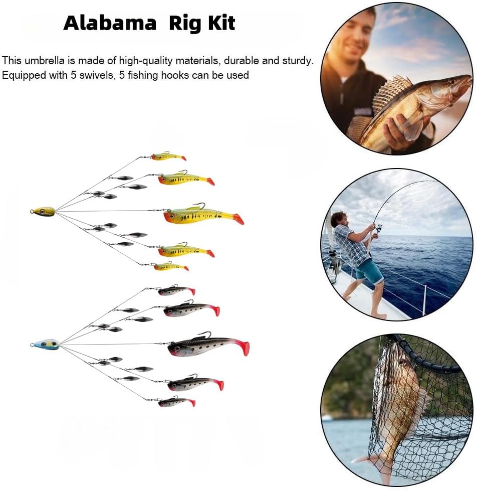 5-Arm Alabama Umbrella Rig Bass Fishing Kit with Pre-Rigged Swimbaits and Willow Blade - Boat Trolling Lure Bait Rig