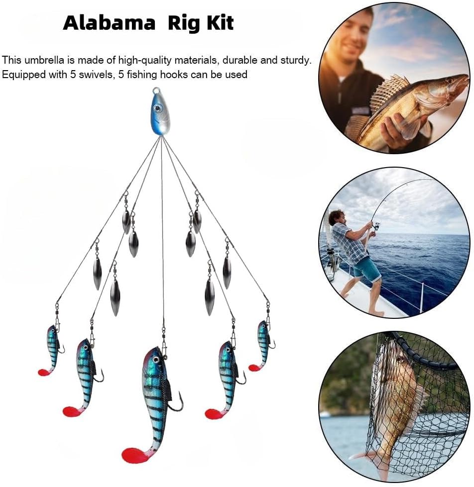 5-Arm Alabama Umbrella Rig Bass Fishing Kit with Pre-Rigged Swimbaits - Willow Blade Multi-Lure Rig for Boat Trolling