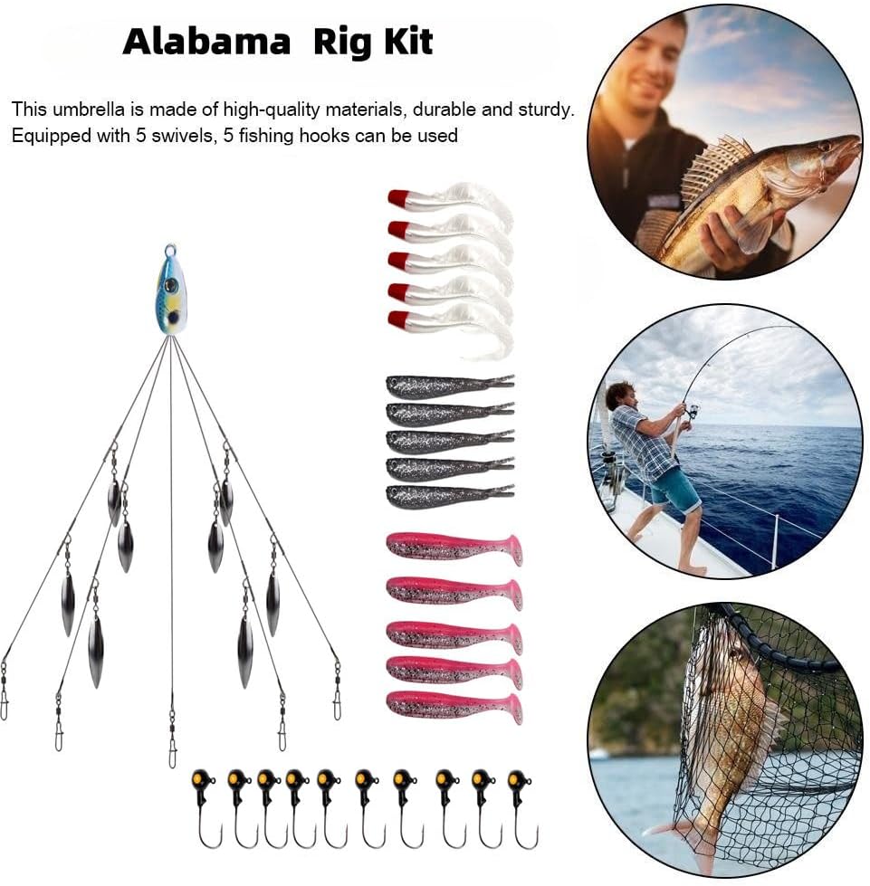 5-Arm Alabama Umbrella Rig Bass Fishing Kit with Pre-Rigged Swimbaits - Willow Blade Multi-Lure Rig for Boat Trolling and Bait Fishing