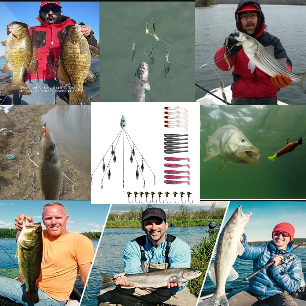 5-Arm Alabama Umbrella Rig Bass Fishing Kit with Pre-Rigged Swimbaits - Willow Blade Multi-Lure Rig for Boat Trolling and Bait Fishing