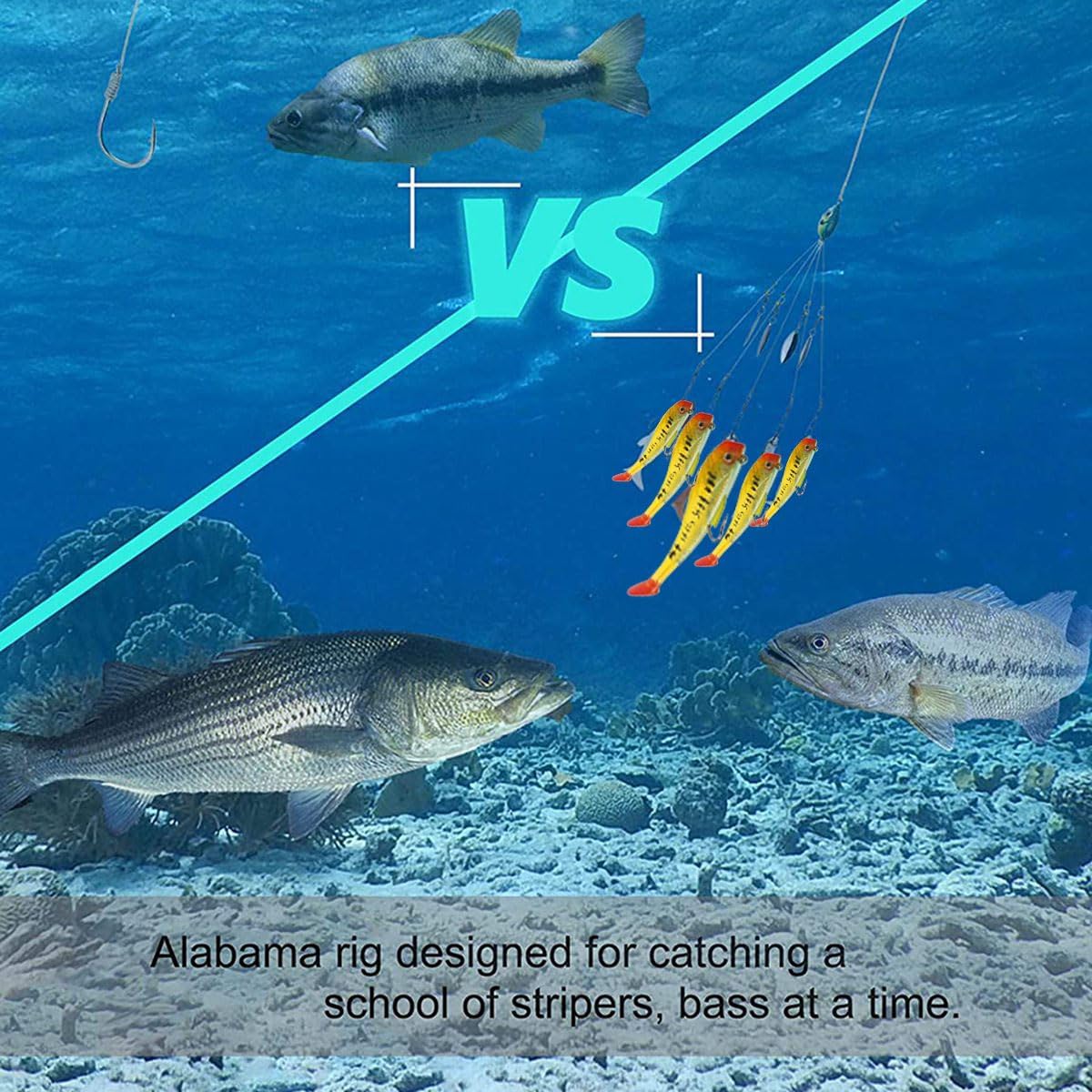 5-Arm Alabama Umbrella Rig Bass Fishing Kit with Pre-Rigged Swimbaits and Willow Blade - Boat Trolling Lure Bait Rig