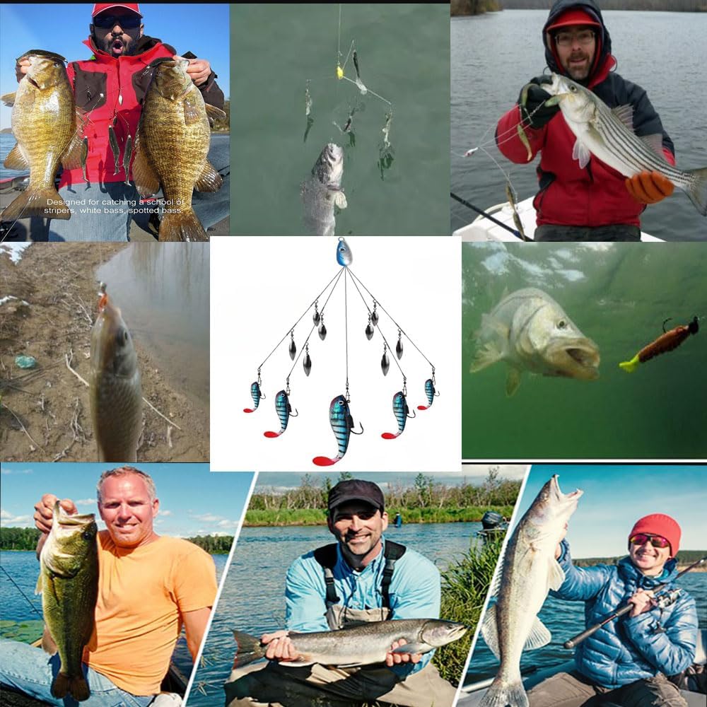 5-Arm Alabama Umbrella Rig Bass Fishing Kit with Pre-Rigged Swimbaits - Willow Blade Multi-Lure Rig for Boat Trolling