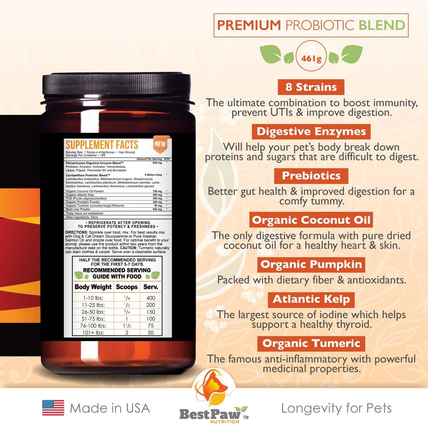 5 Billion CFU Probiotic for Dogs & Cats with Prebiotic, Enzymes, Turmeric, Coconut Oil, Pumpkin, Kelp - Supports Healthy Gut & UTI