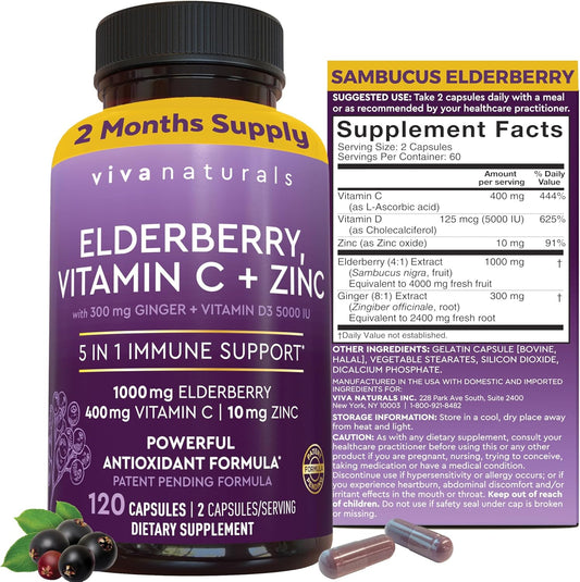 5-in-1 Elderberry Capsules with Vitamin C, Zinc, and D3 for Immune Support by Viva Naturals