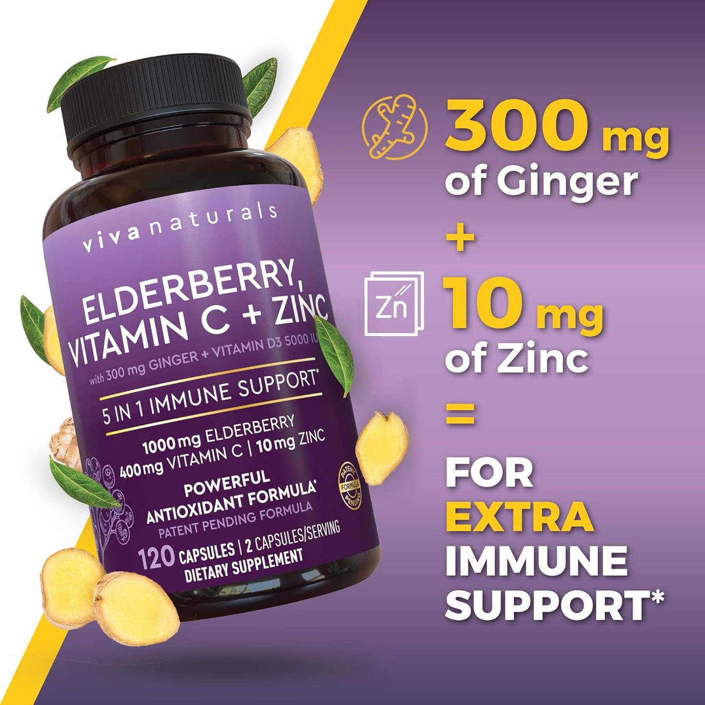 5-in-1 Elderberry Capsules with Vitamin C, Zinc, and D3 for Immune Support by Viva Naturals