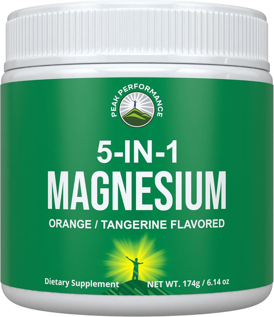 5-in-1 Magnesium Powder Drink for Peak Performance - Vegan Supplement for Muscle Relaxation, Sleep, Cramps - Orange Flavor - Women & Men