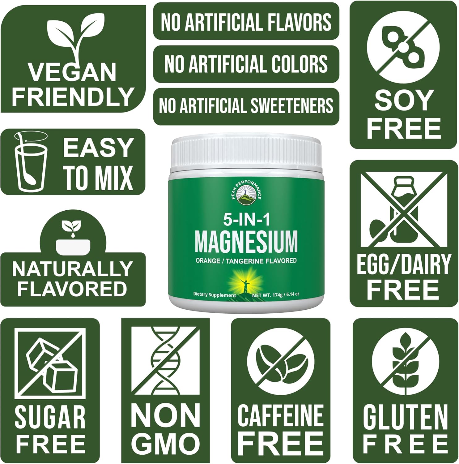 5-in-1 Magnesium Powder Drink for Peak Performance - Vegan Supplement for Muscle Relaxation, Sleep, Cramps - Orange Flavor - Women & Men