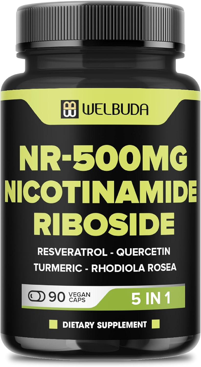 5-in-1 NAD+ Nicotinamide Riboside Supplement with Resveratrol, Quercetin, Turmeric, Rhodiola Rosea - Vitality & Aging Support - 90 Capsules