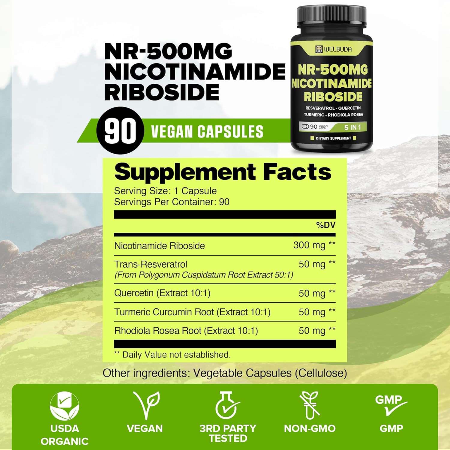 5-in-1 NAD+ Nicotinamide Riboside Supplement with Resveratrol, Quercetin, Turmeric, Rhodiola Rosea - Vitality & Aging Support - 90 Capsules