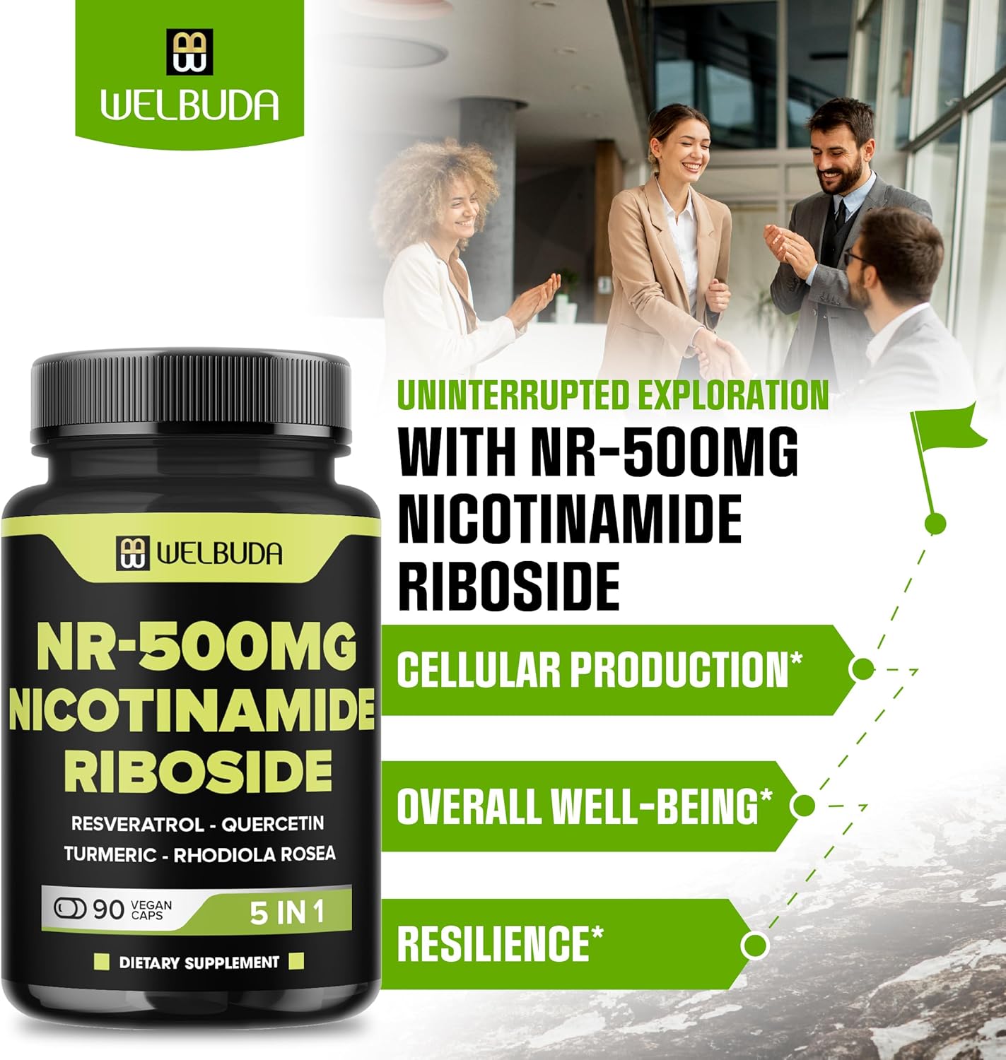 5-in-1 NAD+ Nicotinamide Riboside Supplement with Resveratrol, Quercetin, Turmeric, Rhodiola Rosea - Vitality & Aging Support - 90 Capsules