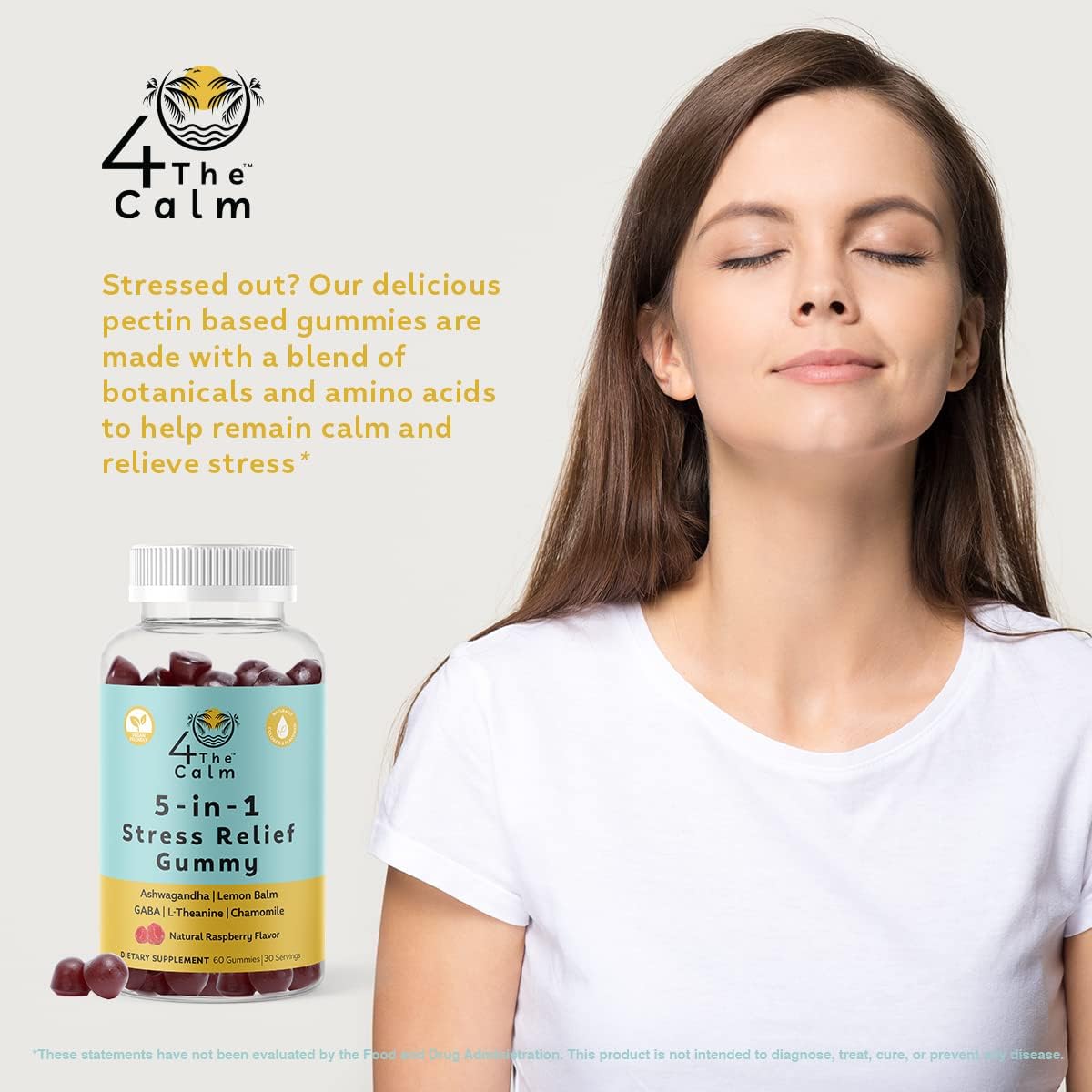 5-in-1 Stress Relief Gummy Supplement with GABA, Lemon Balm, L-Theanine, Chamomile, and Ashwagandha - Natural Raspberry Flavor - 60 Gummies
