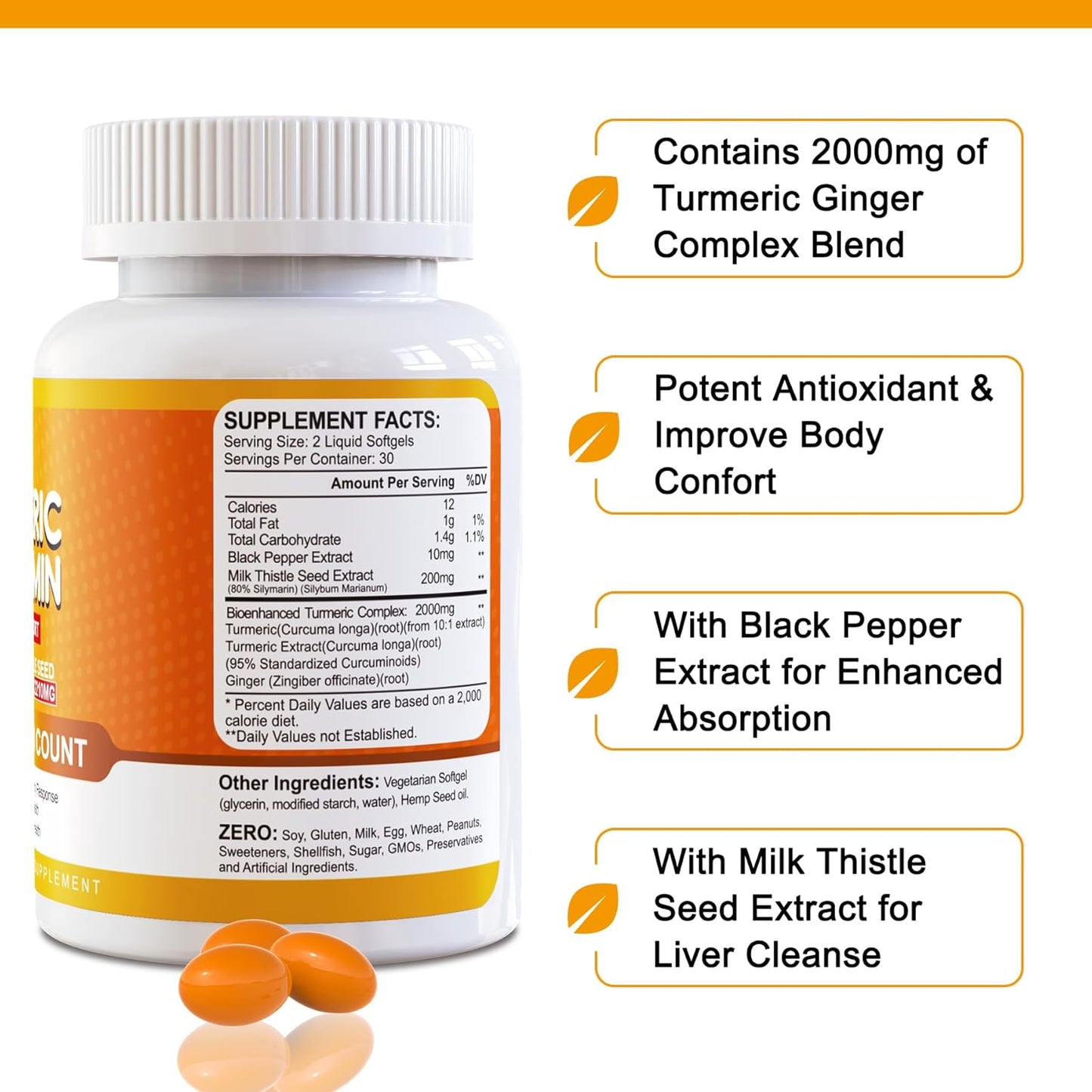 5-in-1 Turmeric Curcumin Softgels 2000mg with Milk Thistle & Black Pepper - Immune & Liver Support - 95% Curcuminoids - Turmeric & Ginger Supplement