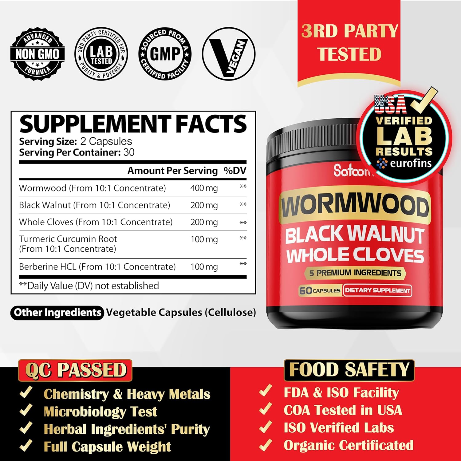 5-in-1 Wormwood Capsules Supplement with Black Walnut, Cloves, Turmeric, Berberine - Immune & Digestive Health Support - 60 Capsules