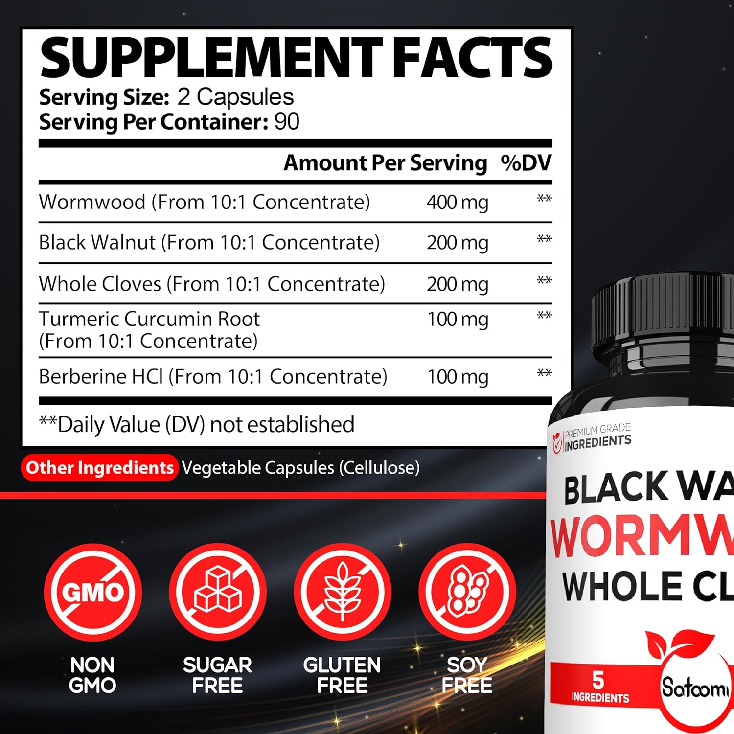 5-in-1 Wormwood Capsules Supplement with Black Walnut, Cloves, Turmeric, Berberine - Immune & Digestive Health Support - 180 Count - 90 Day Supply