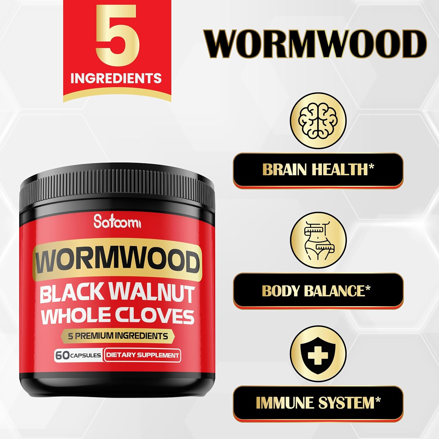 5-in-1 Wormwood Capsules Supplement with Black Walnut, Cloves, Turmeric, Berberine - Immune & Digestive Health Support - 60 Capsules