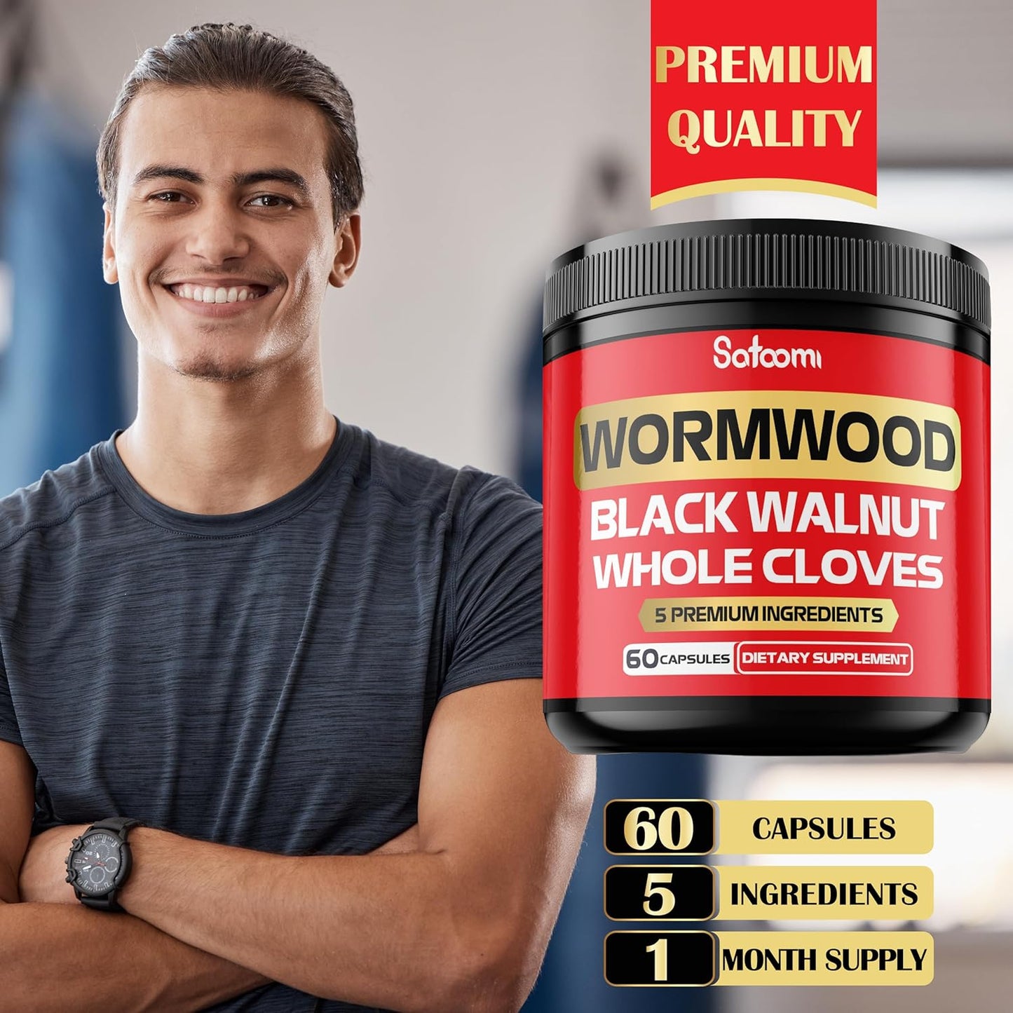5-in-1 Wormwood Capsules Supplement with Black Walnut, Cloves, Turmeric, Berberine - Immune & Digestive Health Support - 60 Capsules