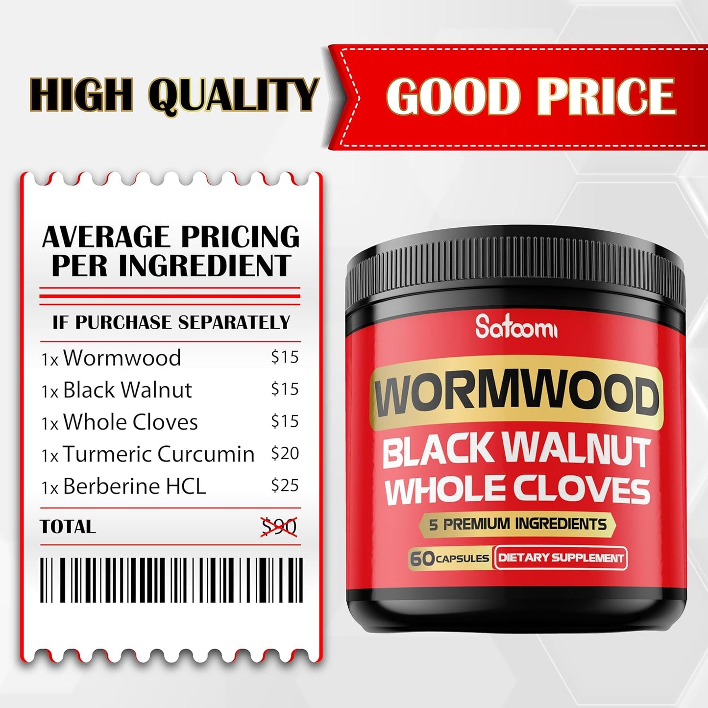 5-in-1 Wormwood Capsules Supplement with Black Walnut, Cloves, Turmeric, Berberine - Immune & Digestive Health Support - 60 Capsules