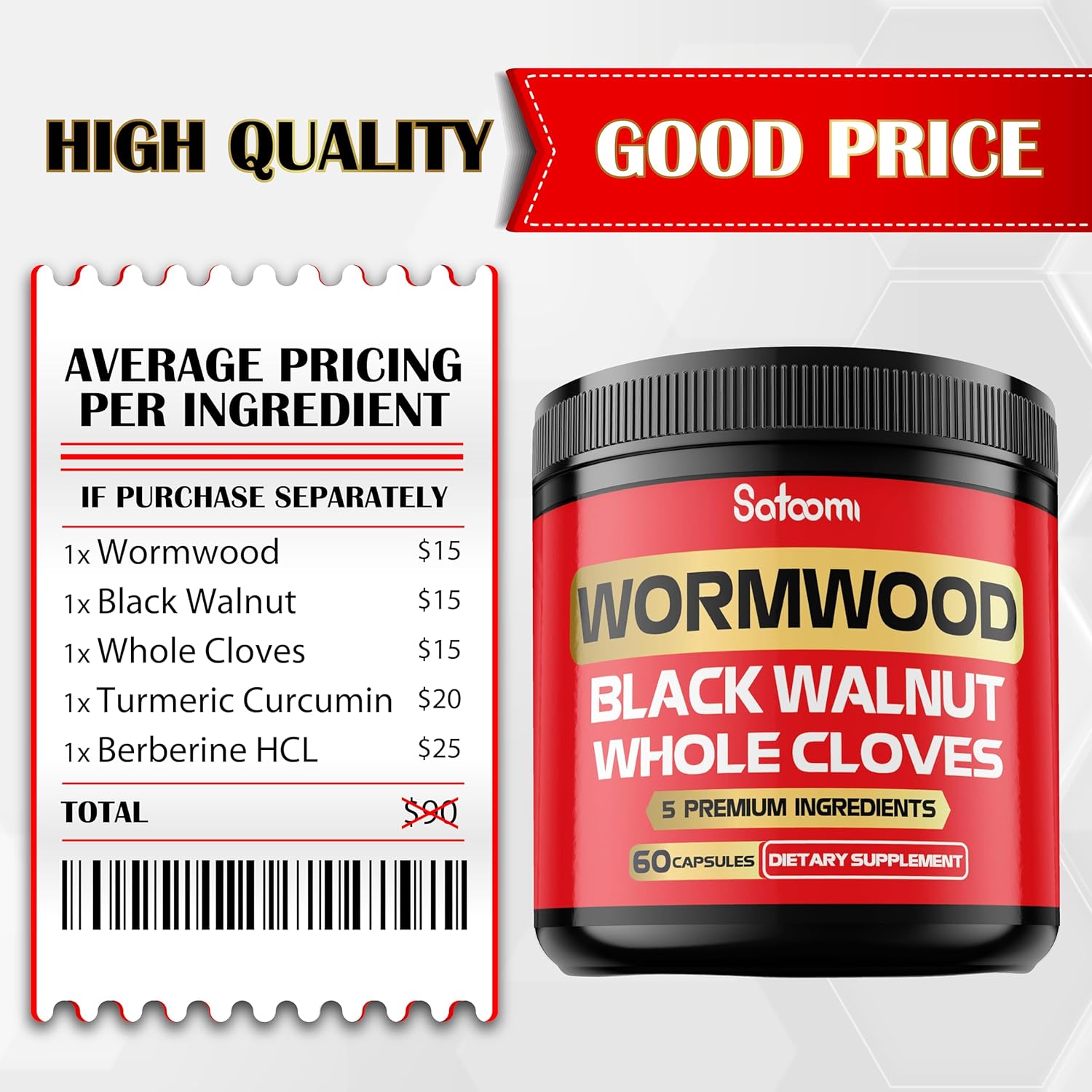 5-in-1 Wormwood Capsules Supplement with Black Walnut, Cloves, Turmeric, Berberine - Immune & Digestive Health Support - 60 Capsules