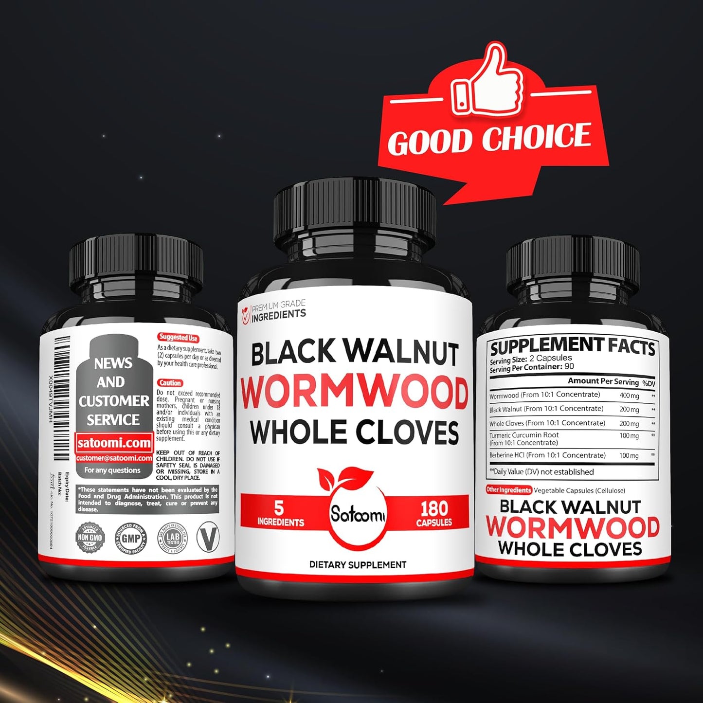5-in-1 Wormwood Capsules Supplement with Black Walnut, Cloves, Turmeric, Berberine - Immune & Digestive Health Support - 180 Count - 90 Day Supply