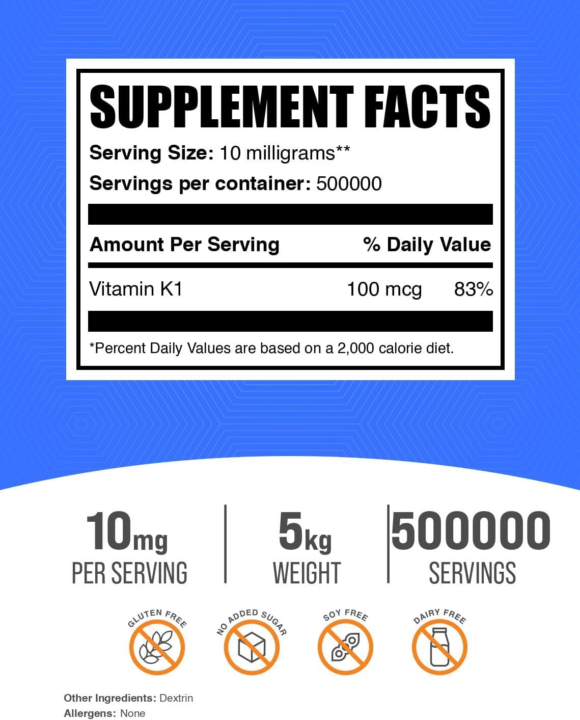 5 kg - 11 lbs Vitamin K1 (1%) Powder - BulkSupplements.com